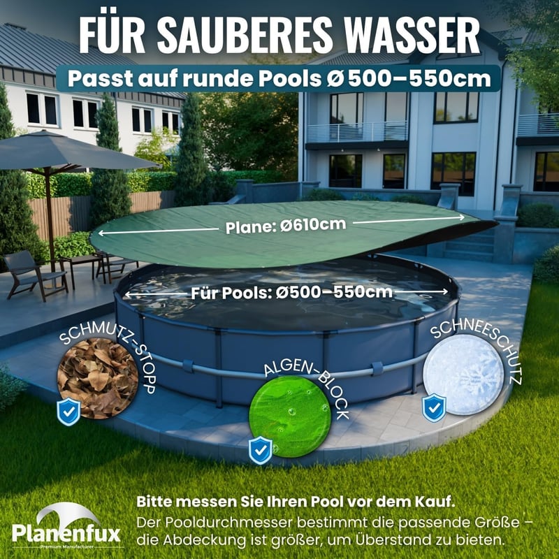 Planenfux 550 cm kerek medence takaró 200g/m² PE anyag napenergia funkció
