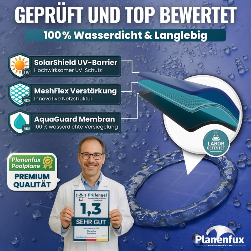 Planenfux Kerek Medencetakaró 450 cm - 2 az 1-ben UV-álló Napelemes Ponyva 200g/m² PE Anyagból, Nyári-Téli Védelem 420-460 cm Átmérőjű Meden