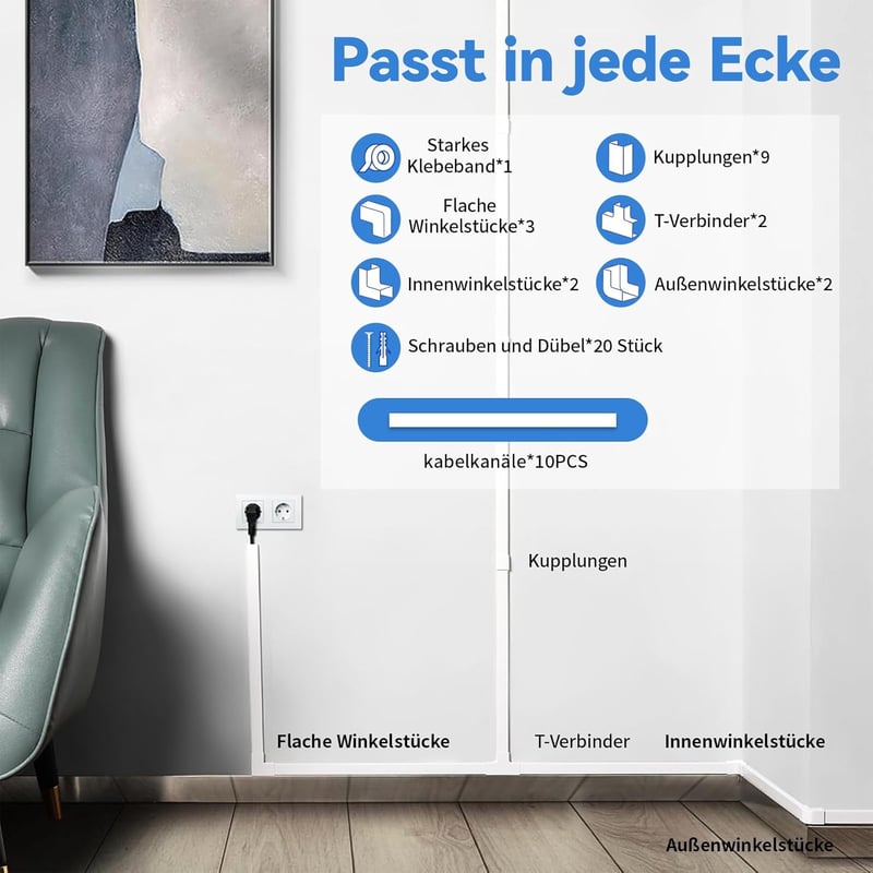 Planetinum fehér öntapadós kábelvezető 4m (10db) - festhető, vágható kábel takaró