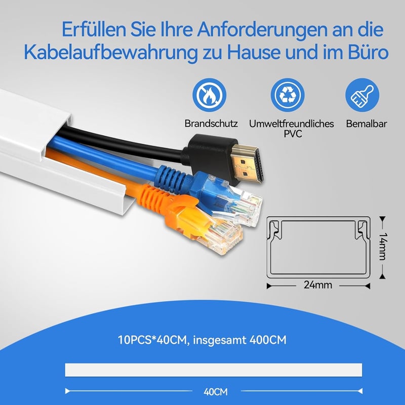 Planetinum Öntapadós Kábelcsatorna Szett - Fehér PVC, 4m Hosszú, 10 db, Festhető, Méretre Vágható, Kábelrendező Otthonra és Irodába
