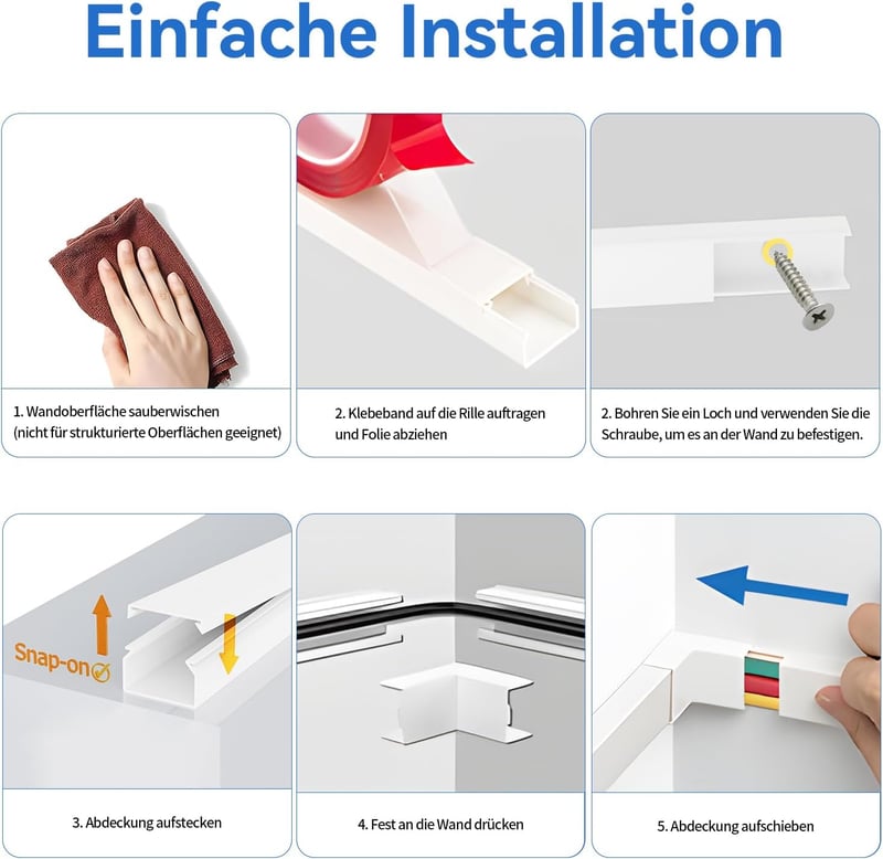 Planetinum Öntapadós Kábelcsatorna Szett - Fehér PVC, 4m Hosszú, 10 db, Festhető, Méretre Vágható, Kábelrendező Otthonra és Irodába