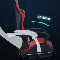 Herné kreslo Play Haha, otočná kancelárska stolička, ergonomické herné kreslo k PC, dizajn pre pretekárov, kožené, s podnožkou – červené 7