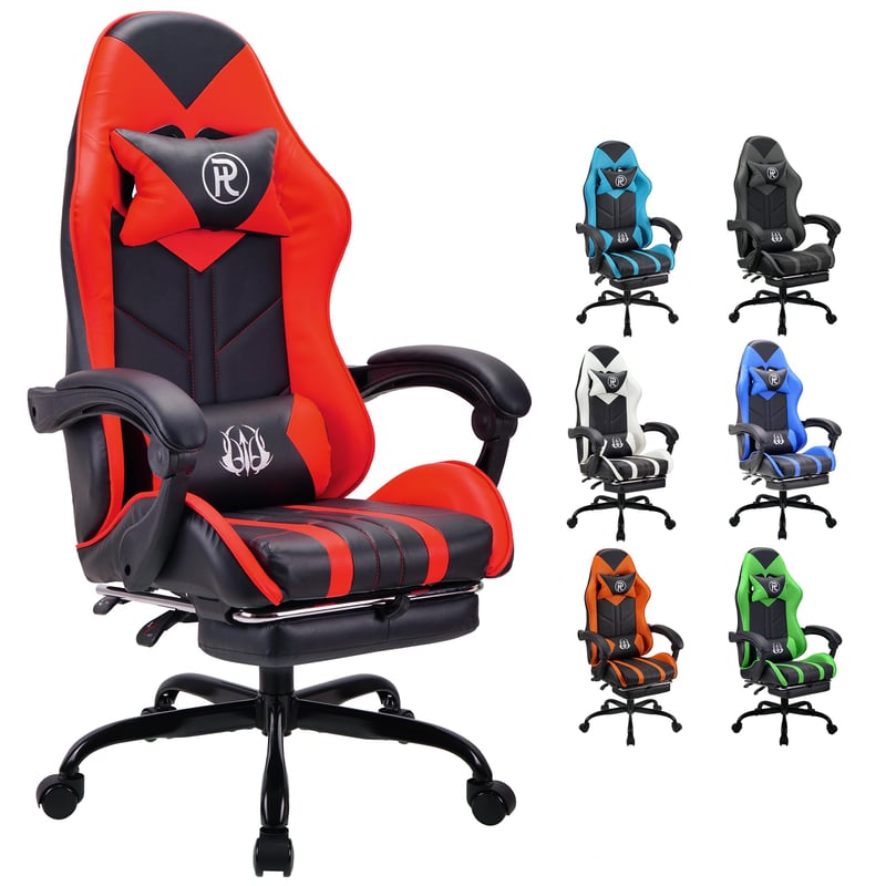 Herné kreslo Play Haha, otočná kancelárska stolička, ergonomické herné kreslo k PC, dizajn pre pretekárov, kožené, s podnožkou – červené