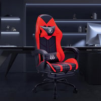 Herné kreslo Play Haha, otočná kancelárska stolička, ergonomické herné kreslo k PC, dizajn pre pretekárov, kožené, s podnožkou – červené 2
