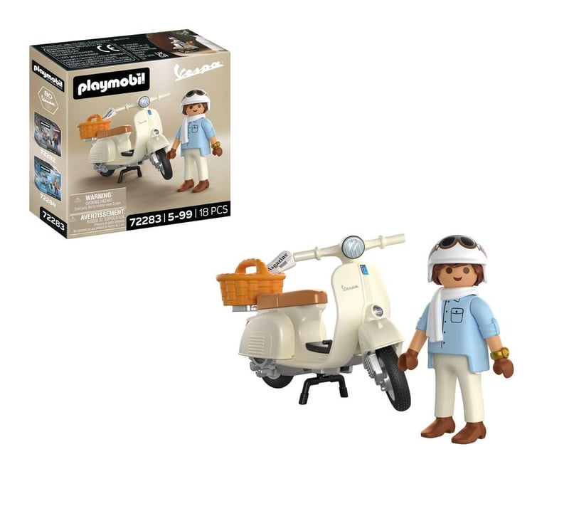 PLAYMOBIL 72283 Vespa 80-ročná jubilejná súprava – Krémová klasická Vespa so šoférom, košíkom a nálepkami, od 5 rokov