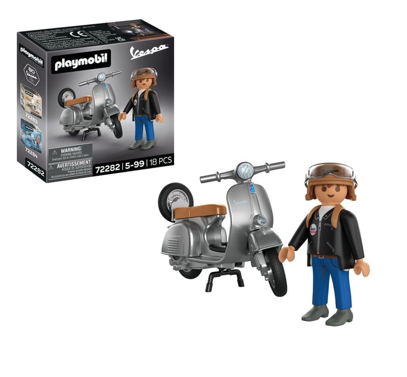 PLAYMOBIL Vespa 80. jubilejná edícia v striebornom retro dizajne s figúrkou, prilbou a hárkom nálepiek pre deti od 4 rokov 72282