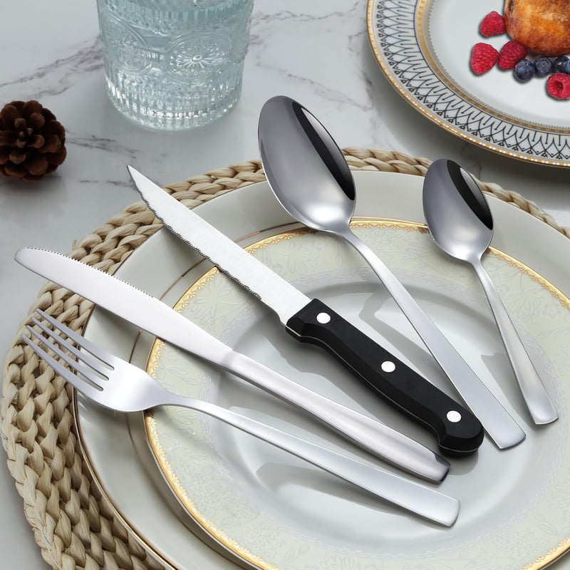 Pleafind 30 részes rozsdamentes evőeszköz készlet 6 személyre, steak késsel