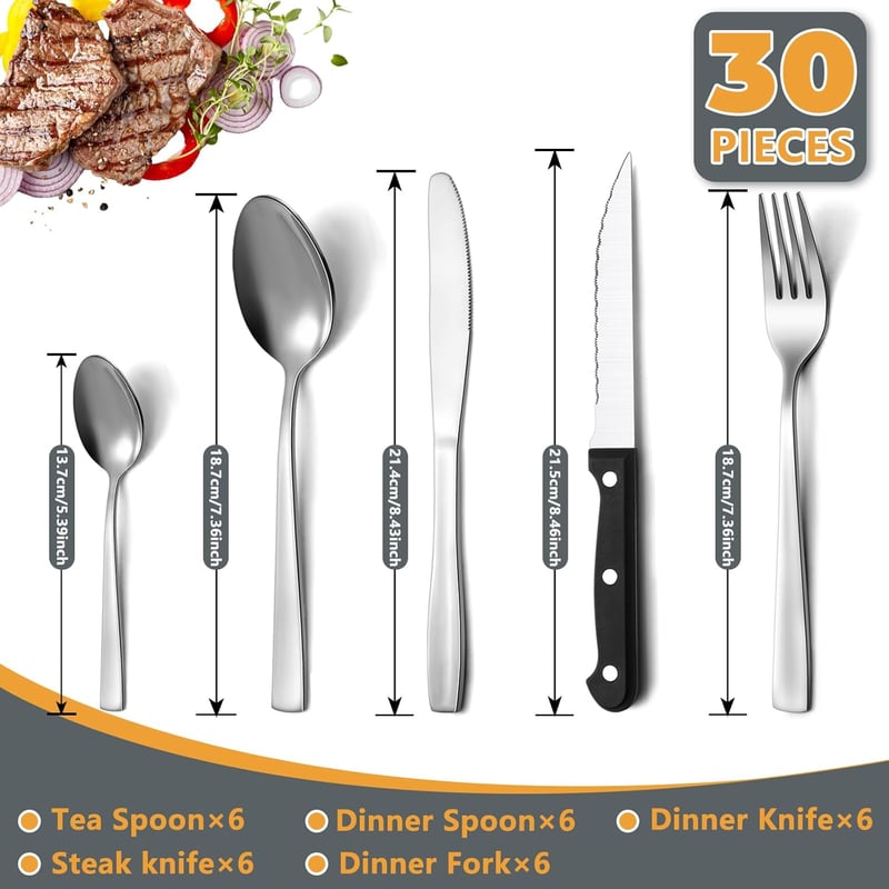 Pleafind 30 részes rozsdamentes evőeszköz készlet 6 személyre, steak késsel