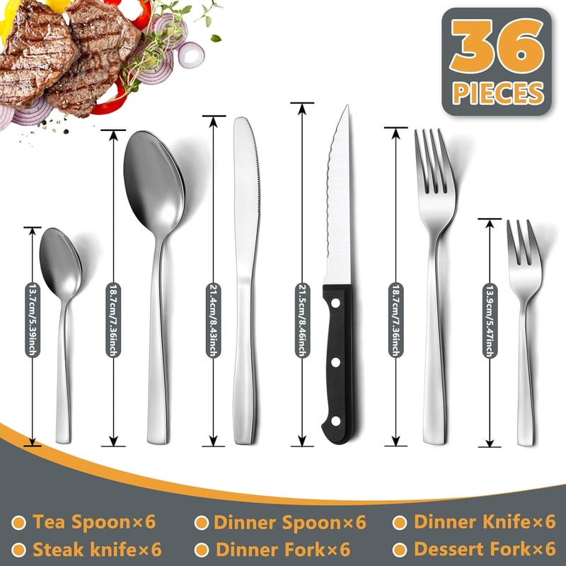 Pleafind 36 részes rozsdamentes evőeszköz készlet 6 személyre, steak késsel