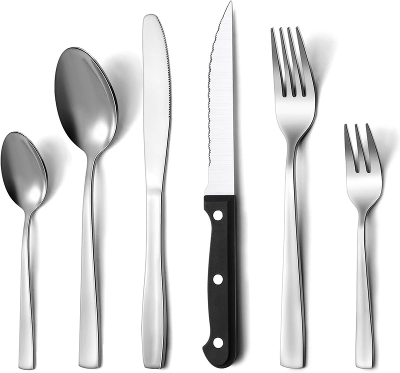 Pleafind 36 részes rozsdamentes evőeszköz készlet 6 személyre, steak késsel