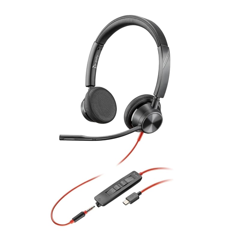 Káblový headset PLT Poly Blackwire 3325 – flexibilný mikrofón, Hi-Fi stereo, pripojenie cez USB-C, USB-A a 3,5 mm jack, kompatibilný s PC, Mac, Teams a Zoom