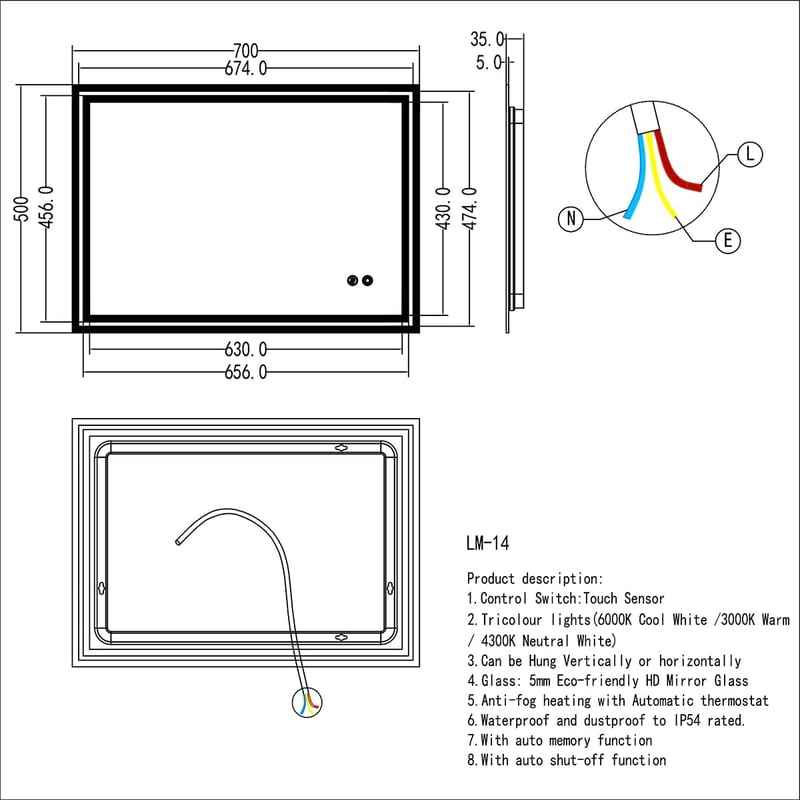 Plumbsys LED Fürdőszobai Tükör 70x50 cm - 3 Színhőmérsékletű Világítás, Páramentesítő Funkcióval, Érintőkapcsolós, IP54 Vízálló
