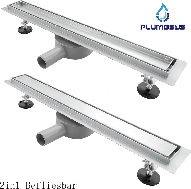 Plumbsys rozsdamentes zuhanycsatorna 50cm, 2in1 csempézhető padlólefolyó szett, 360° forgó szifonnal, szagkimaradással és hajszűrővel