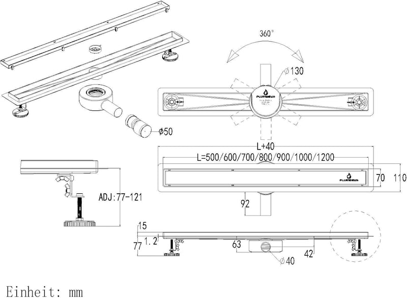 Plumbsys rozsdamentes zuhanycsatorna 50cm, 2in1 csempézhető padlólefolyó szett, 360° forgó szifonnal, szagkimaradással és hajszűrővel