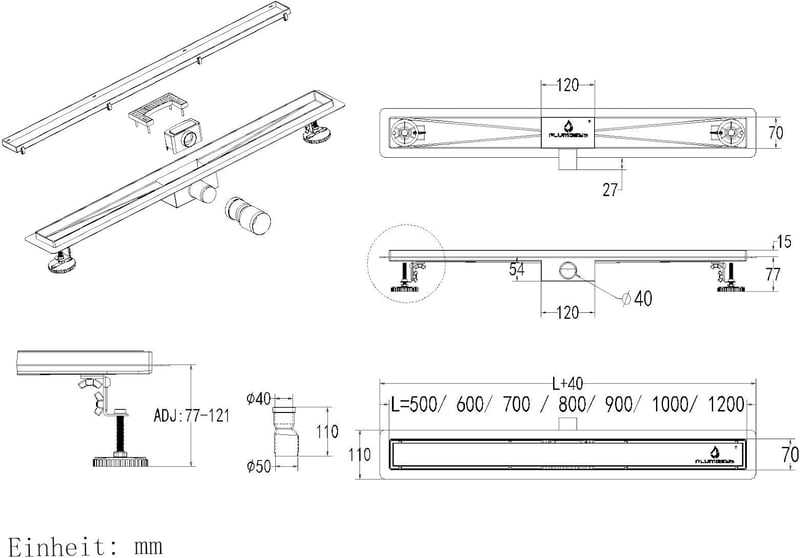 Plumbsys rozsdamentes zuhanyfolyóka 60cm, 2in1 dönthető padlólefolyó szifon szagkimaradóval - 2 in 1, 60cm
