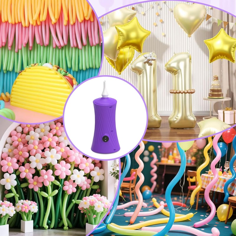 PlusFive lila elektromos ballonpumpa 30W mini légtöltő hosszú luf