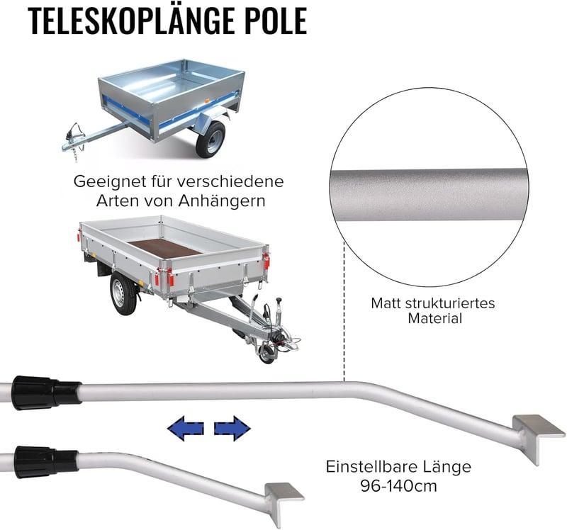 Plutohiker Univerzális Ponyvafeszítő Rúd Utánfutóhoz - 3 db Állítható Alumínium Tartókonzol (96-140 cm) Lapos Ponyvához, Csúszásmentes