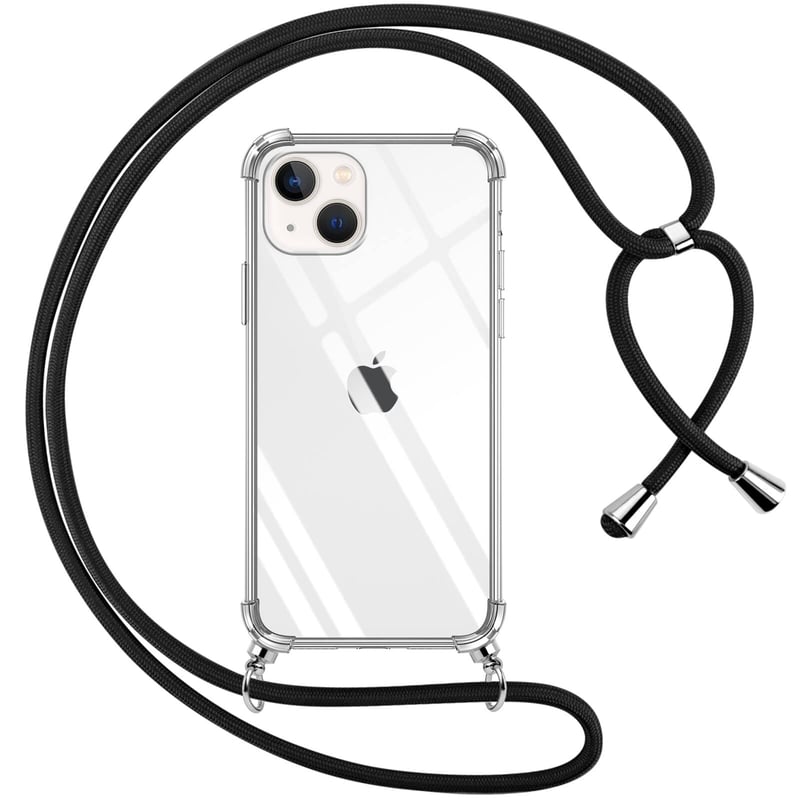 Pnakqil priehľadný silikónový kryt na iPhone 13 / iPhone 14 s popruhom a šnúrkou na krk, čierne puzdro s retiazkou, ochranný kryt odolný voči pádom