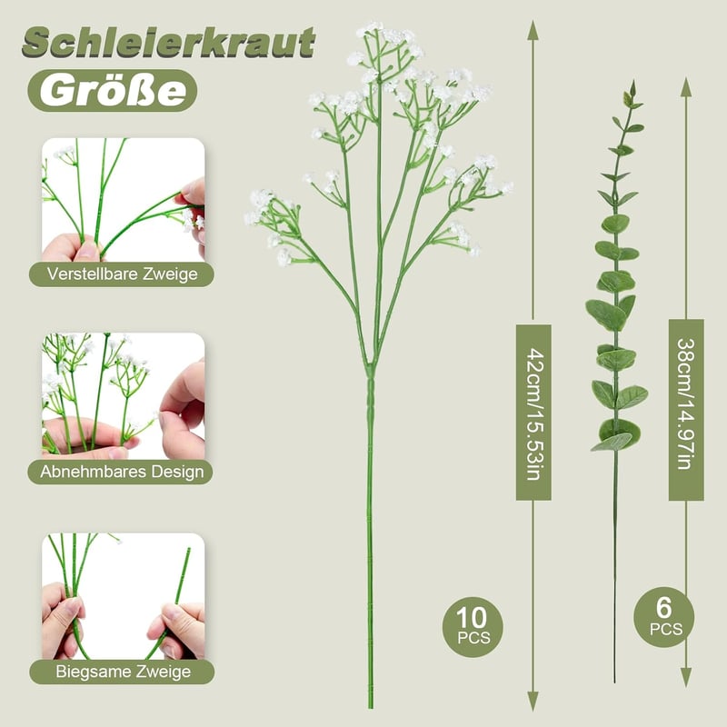 PNANLYA 10 db fehér művirág gyöngyvirág 42 cm 6 db eukaliptusz ág 38 cm dekoráció esküvőre, partira, otthonra, asztalra