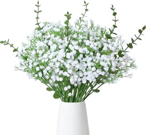 PNANLYA 10 db fehér művirág gyöngyvirág 42 cm 6 db eukaliptusz ág 38 cm dekoráció esküvőre, partira, otthonra, asztalra
