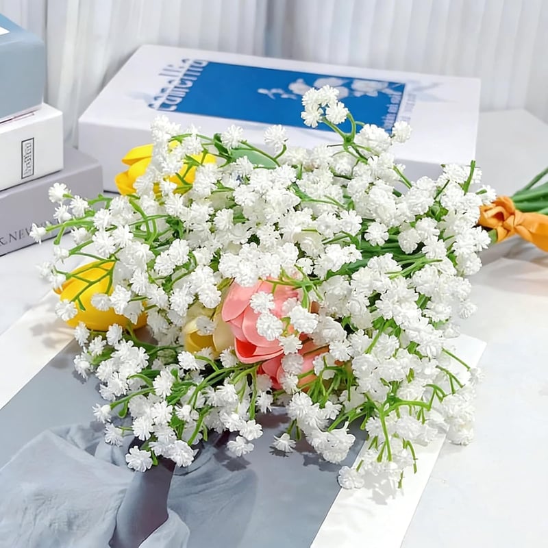 PNANLYA 10 db fehér művirág gyöngyvirág 42 cm 6 db eukaliptusz ág 38 cm dekoráció esküvőre, partira, otthonra, asztalra