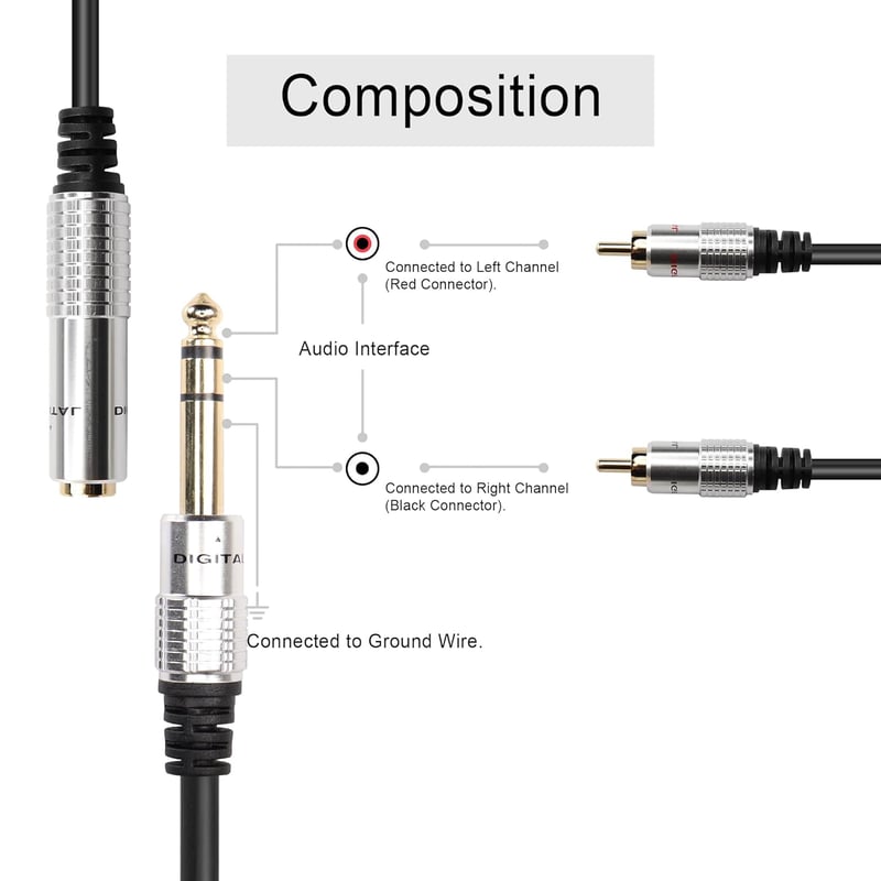 PNGKNYOCN 6,35 mm TRS - 2 RCA Átalakító Kábel, Aranyozott Csatlakozókkal Gitárokhoz, Hangfalakhoz, Erősítőkhöz, Hifi Rendszerekhez (50 cm, F