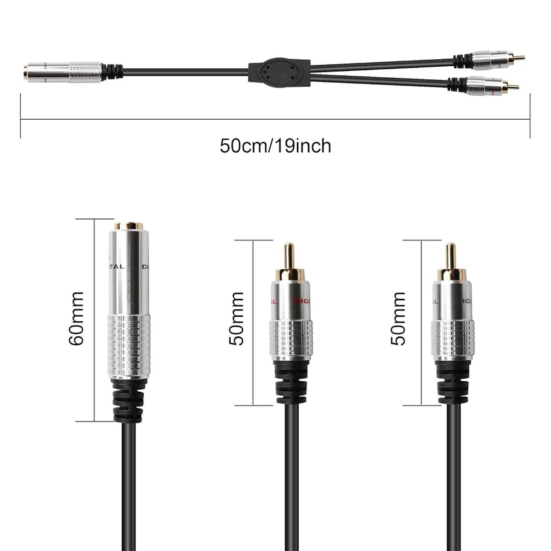 PNGKNYOCN 6,35 mm TRS - 2 RCA Átalakító Kábel, Aranyozott Csatlakozókkal Gitárokhoz, Hangfalakhoz, Erősítőkhöz, Hifi Rendszerekhez (50 cm, F