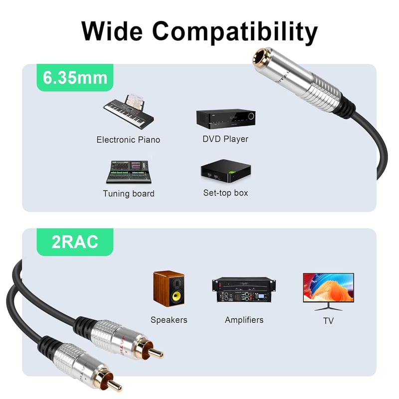 PNGKNYOCN 6,35 mm TRS - 2 RCA Átalakító Kábel, Aranyozott Csatlakozókkal Gitárokhoz, Hangfalakhoz, Erősítőkhöz, Hifi Rendszerekhez (50 cm, F