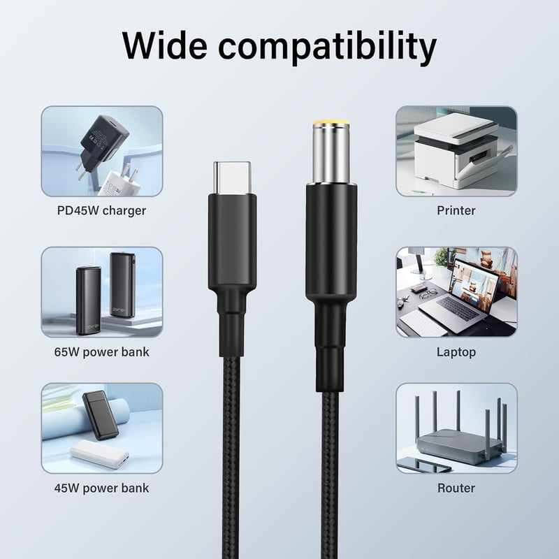 PNGKNYOCN USB-C - DC 7909 Töltőkábel (7.9x0.9mm) 100W PD Gyorstöltés Routerekhez, CCTV-hez, Laptopokhoz, Nylon Borítással, 1,8m, Fekete