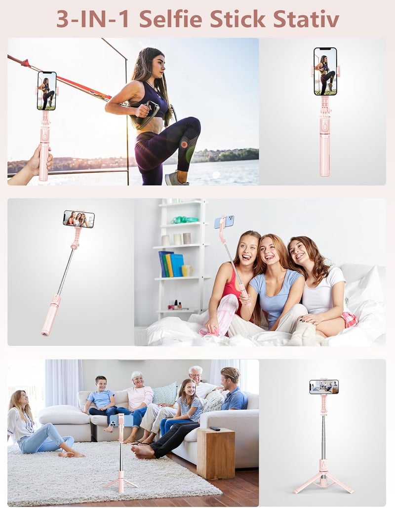 Pnitri Selfie Stick LED Kitöltőfénnyel 114cm Tripod Távirányítóval iPhone Huawei Xiaomi Rózsaszín