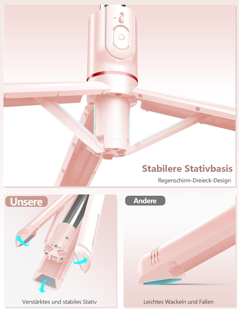 Pnitri Selfie Stick LED Kitöltőfénnyel 114cm Tripod Távirányítóval iPhone Huawei Xiaomi Rózsaszín