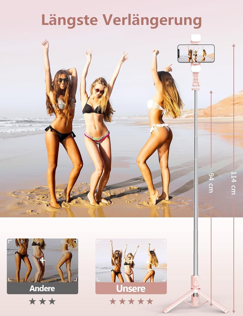 Pnitri Selfie Stick LED Kitöltőfénnyel 114cm Tripod Távirányítóval iPhone Huawei Xiaomi Rózsaszín