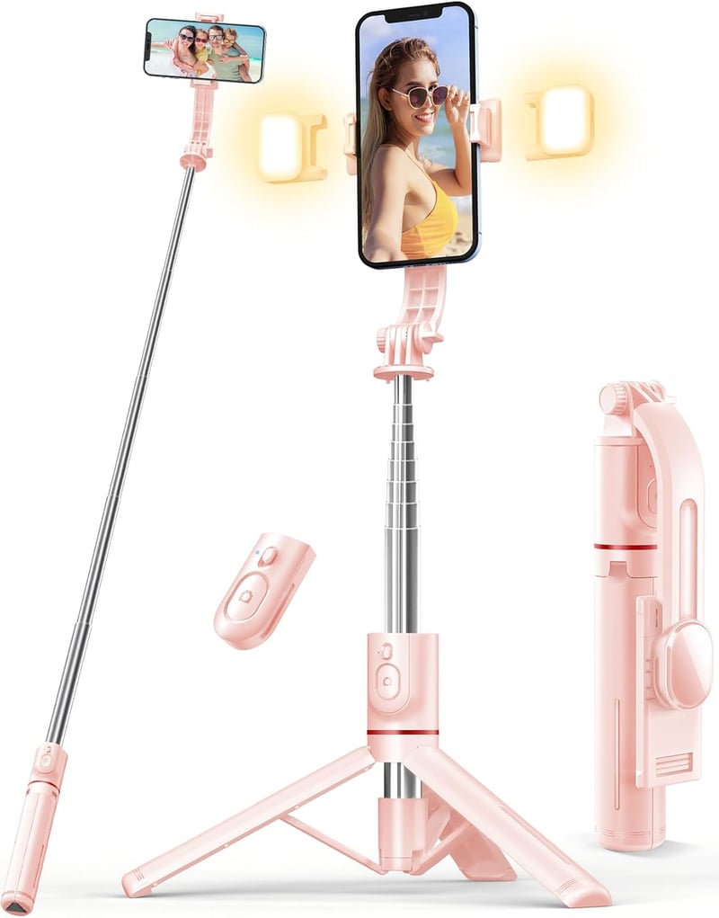 Pnitri Selfie Stick LED Kitöltőfénnyel 114cm Tripod Távirányítóval iPhone Huawei Xiaomi Rózsaszín