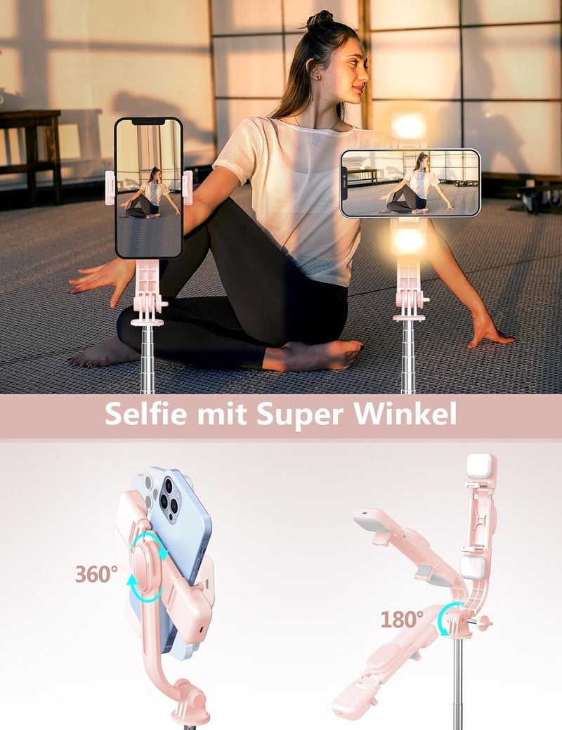 Pnitri Selfie Stick LED Kitöltőfénnyel 114cm Tripod Távirányítóval iPhone Huawei Xiaomi Rózsaszín
