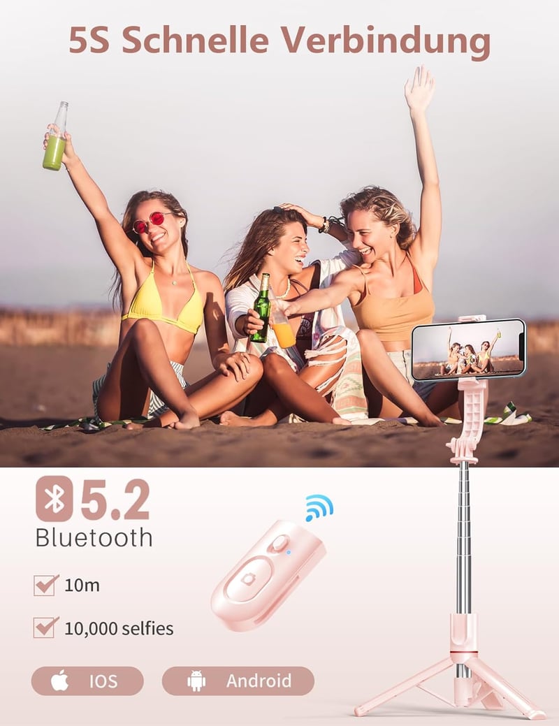 Pnitri Selfie Stick LED Kitöltőfénnyel 114cm Tripod Távirányítóval iPhone Huawei Xiaomi Rózsaszín
