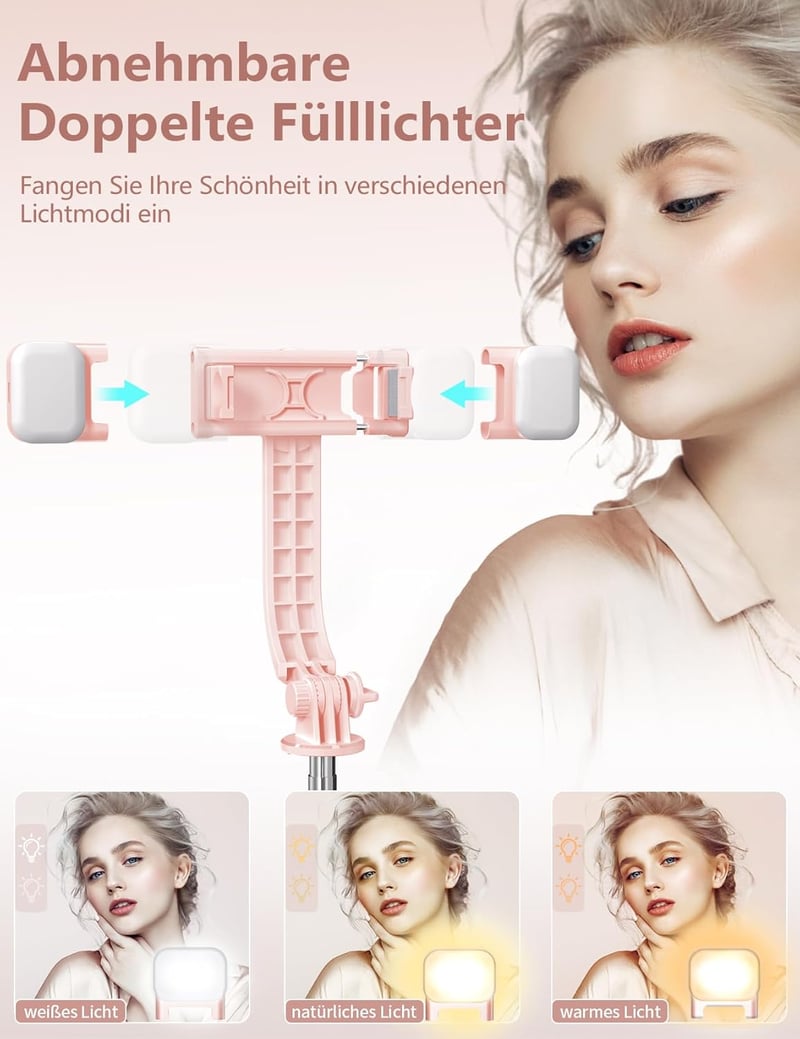 Pnitri Selfie Stick LED Kitöltőfénnyel 114cm Tripod Távirányítóval iPhone Huawei Xiaomi Rózsaszín