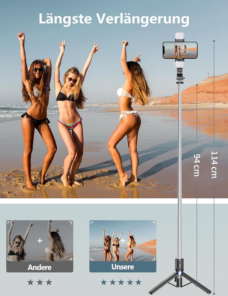 Pnitri Selfie Stick Tripod Távirányítóval és LED Fénnyel Okostelefonhoz