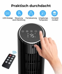 Stĺpový ventilátor PNTCK s diaľkovým ovládaním, 33 cm, 4 režimy, 4 rýchlosti, oscilácia 70°, stolný ventilátor, 12-hodinový časovač, LED displej, tichá prevádzka 24 dB 7
