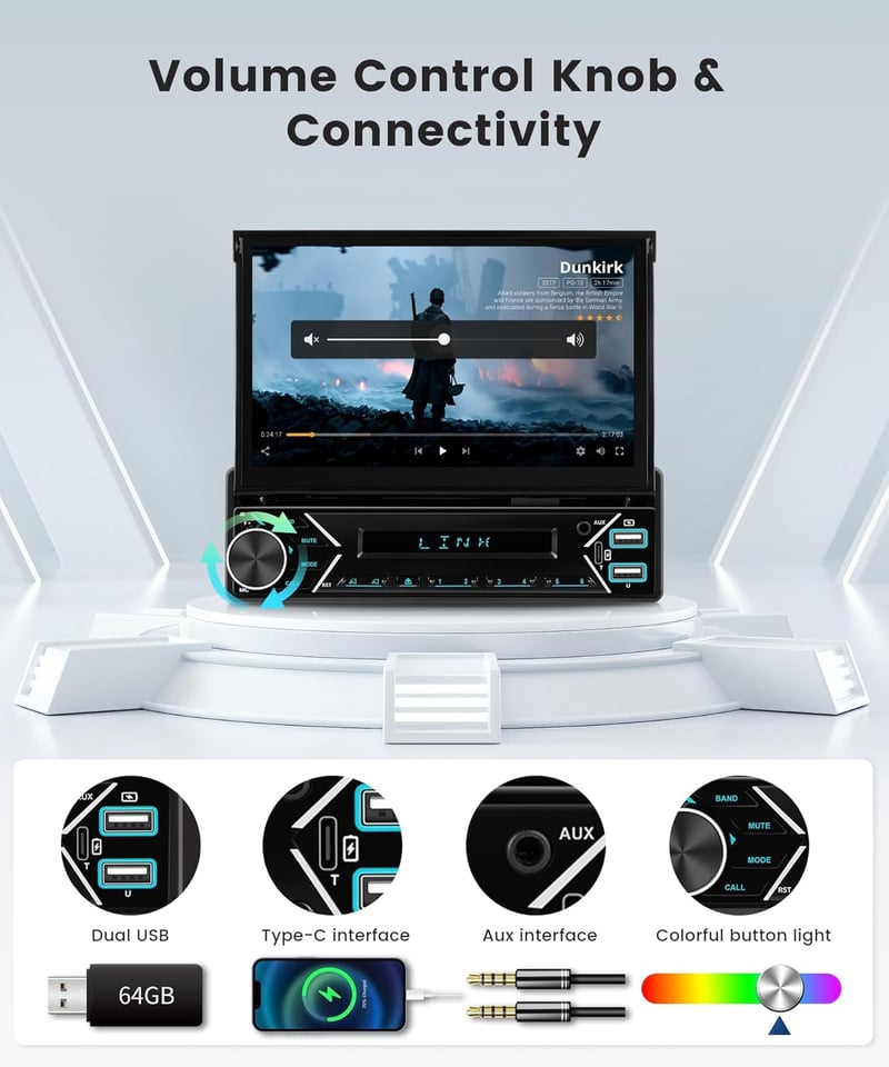 Podofo 1-DIN DAB+ Autórádió 7" Automatikusan Kihúzható Érintőképernyővel, Vezeték Nélküli CarPlay, Android Auto, Tolatókamera, BT, Kormányve