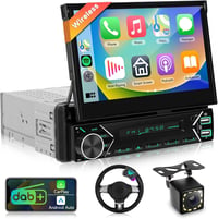 Podofo 1-DIN DAB+ Autórádió 7" Automatikusan Kihúzható Érintőképernyővel, Vezeték Nélküli CarPlay, Android Auto, Tolatókamera, BT, Kormányve 1