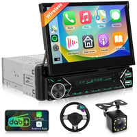 Podofo 1-DIN DAB+ autorádio so 7-palcovým automaticky výsuvným dotykovým displejom, bezdrôtovým CarPlay, Android Auto, Bluetooth a ovládaním na volante 1