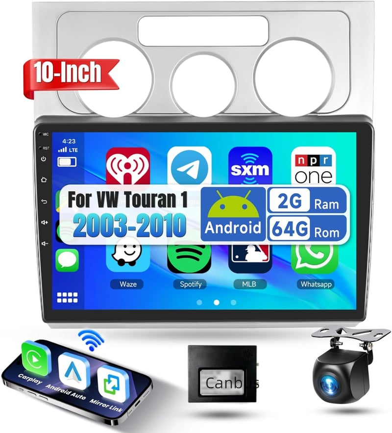 Podofo 10.1" Autórádió VW Touran 2003-2010 Android 13 Carplay GPS Bluetooth