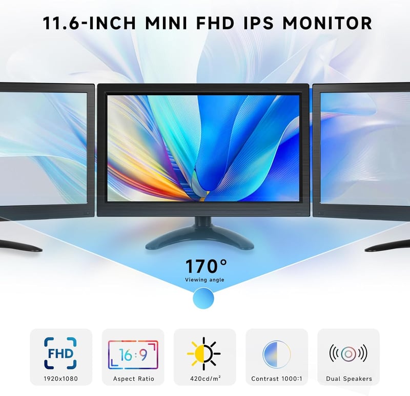 podofo 11,6" Hordozható Monitor 1920x1080 Full HD IPS Kijelző - HDMI/VGA/BNC/AV Csatlakozás, Beépített Hangszóró, PC/Raspberry Pi Kompatibil