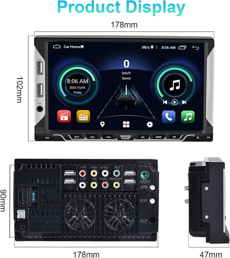 Podofo 2 DIN Autórádió 7" Android 13 Érintőképernyővel - GPS Navigáció, Bluetooth, WiFi, Tolatókamera, FM/RDS, Mirror Link, 32GB