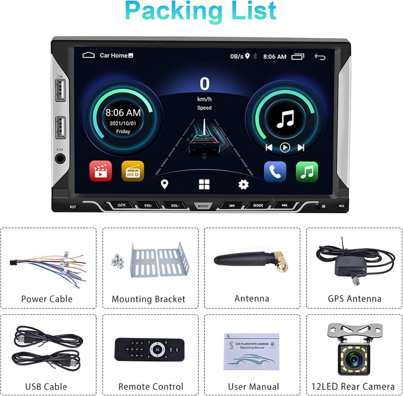 Podofo 2 DIN Autórádió 7" Android 13 Érintőképernyővel - GPS Navigáció, Bluetooth, WiFi, Tolatókamera, FM/RDS, Mirror Link, 32GB