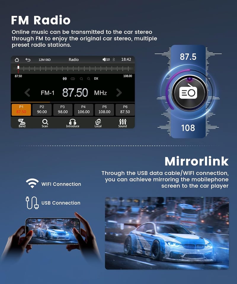 Podofo 2 DIN Autórádió 7" Érintőképernyővel - Vezeték Nélküli CarPlay, Android Auto, Bluetooth 5.0, Kormányvezérlés, Tolatókamera