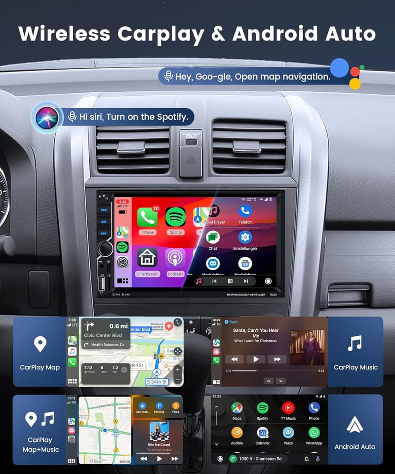 Podofo 2 DIN Autórádió 7" Érintőképernyővel - Vezeték Nélküli CarPlay, Android Auto, Bluetooth 5.0, Kormányvezérlés, Tolatókamera