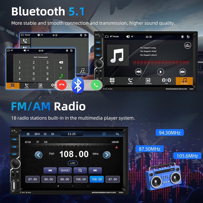 Podofo 2 DIN Autós Fejegység 7" Érintőképernyővel - Bluetooth 5.1, Vezeték Nélküli CarPlay, Android Auto, MirrorLink, FM Rádió, USB, Tolatók