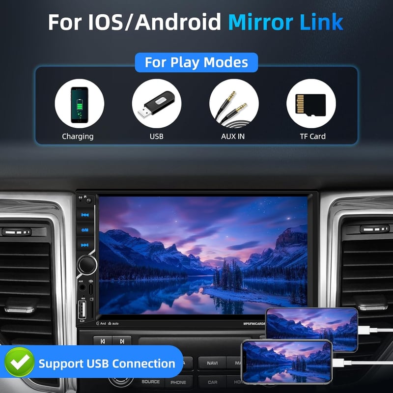 Podofo 2 DIN Autós Fejegység 7" Érintőképernyővel - Bluetooth 5.1, Vezeték Nélküli CarPlay, Android Auto, MirrorLink, FM Rádió, USB, Tolatók