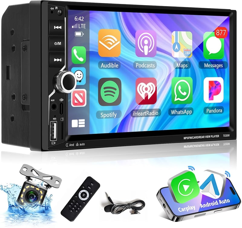 Podofo 2 DIN Autós Fejegység 7" Érintőképernyővel - Bluetooth 5.1, Vezeték Nélküli CarPlay, Android Auto, MirrorLink, FM Rádió, USB, Tolatók